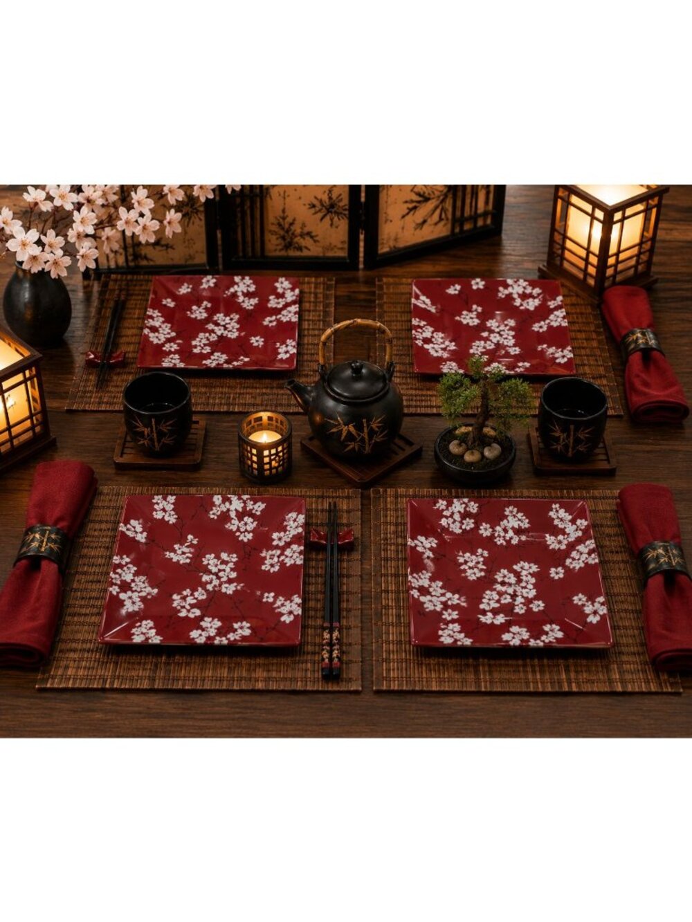 222 Fifth Mia Cherry Blossom Red & White Dinner Plates Set Of 4 - 10” Square New